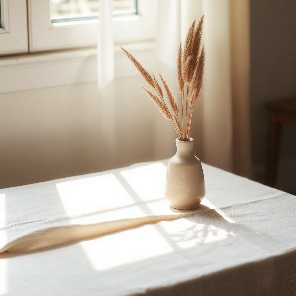 Soft light across linen with a ceramic vase of dried grasses