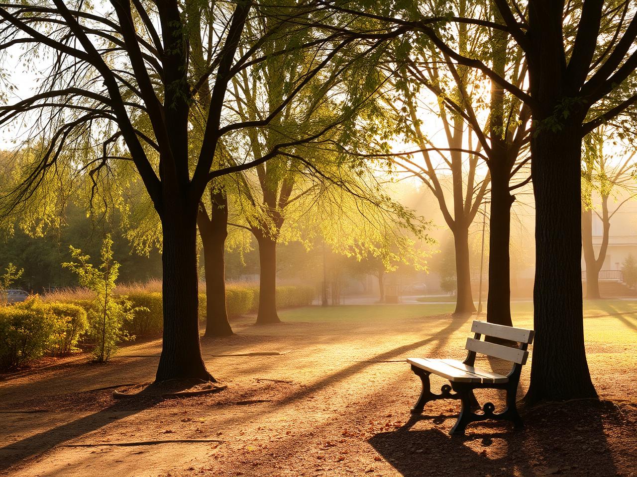 Soft afternoon light through trees onto a quiet bench